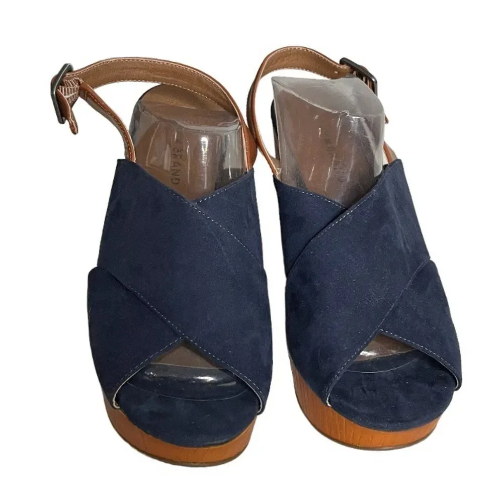 LUCKY BRAND Merrona Wedge Sandal Blue Faux Suede Adjustable Sling Back Size 10 B